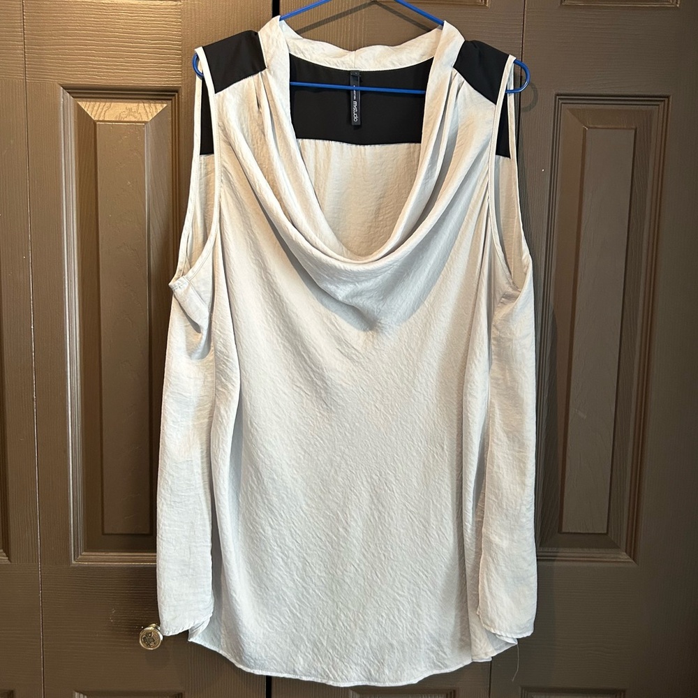 M.STUDIO Cream and Black Drape Neck Blouse